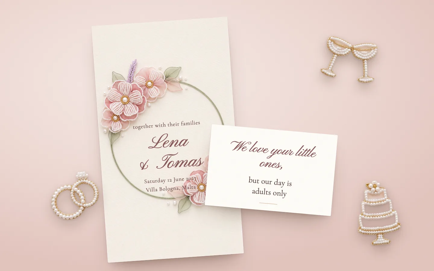 Lena and Tomas's invitation in a ring of beaded flowers on blush linen, a small card beside it reading we love your little ones, but our day is adults only, with pearl rings, glasses and a cake