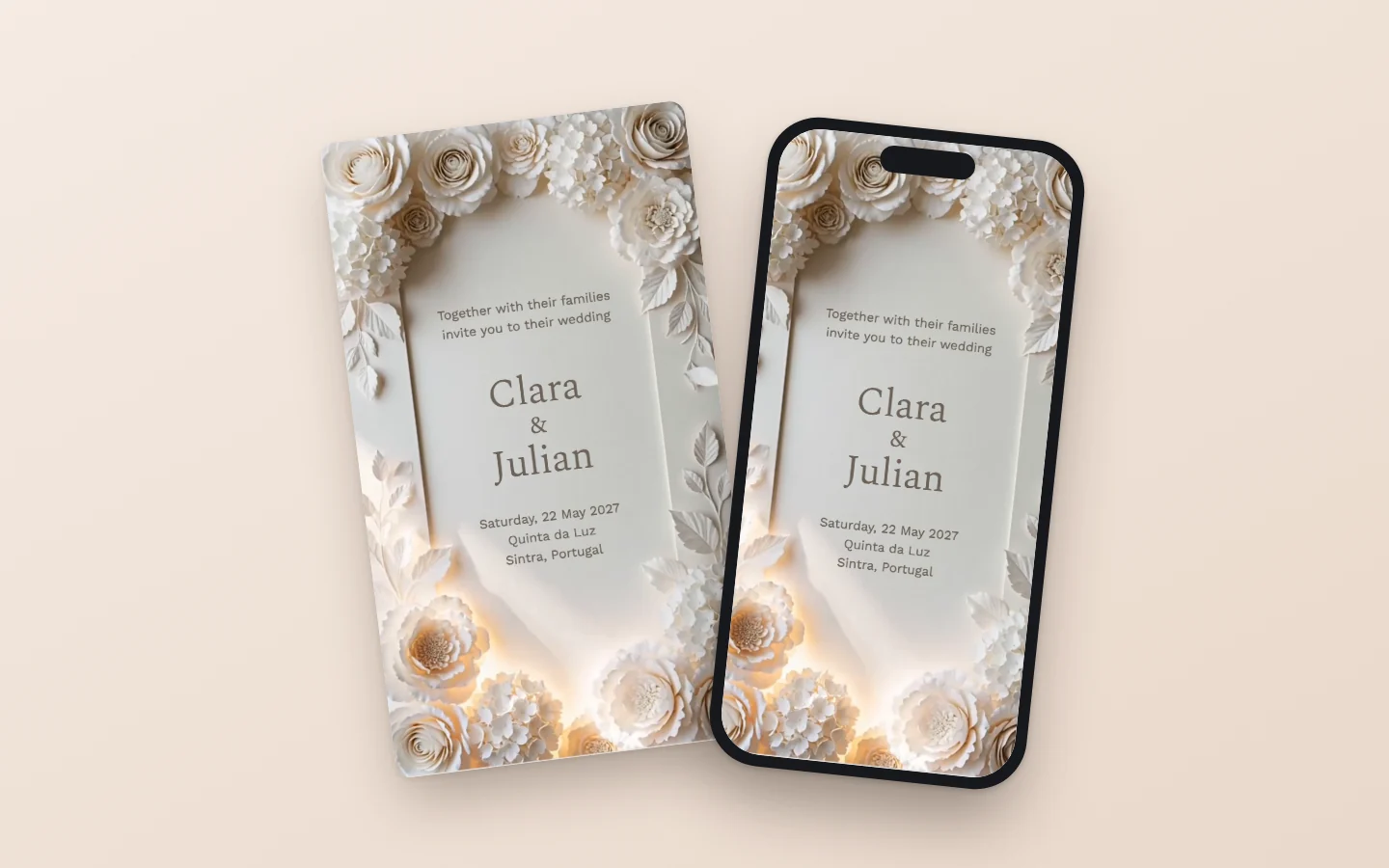 A printed Paper Bloom wedding invitation lying beside a phone showing the same invitation