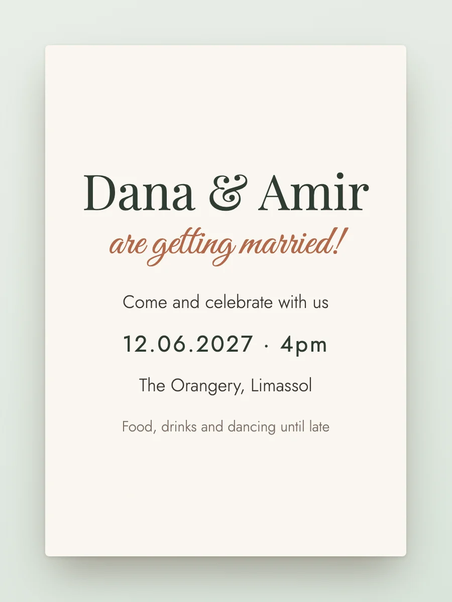 A relaxed wedding invitation: Dana and Amir are getting married, come and celebrate, with the date in numerals