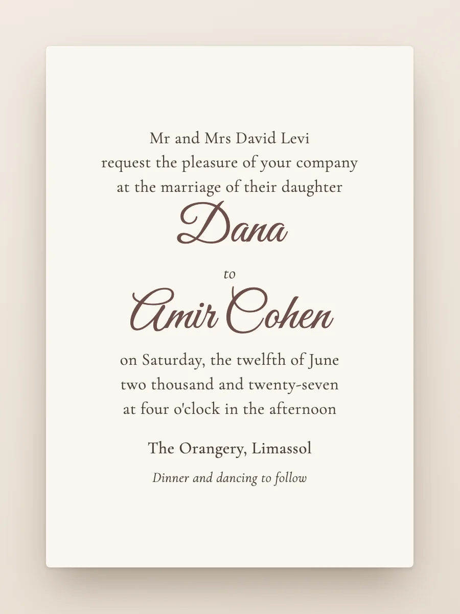 A formal wedding invitation: the bride's parents request the pleasure of your company, with the date and time spelled out