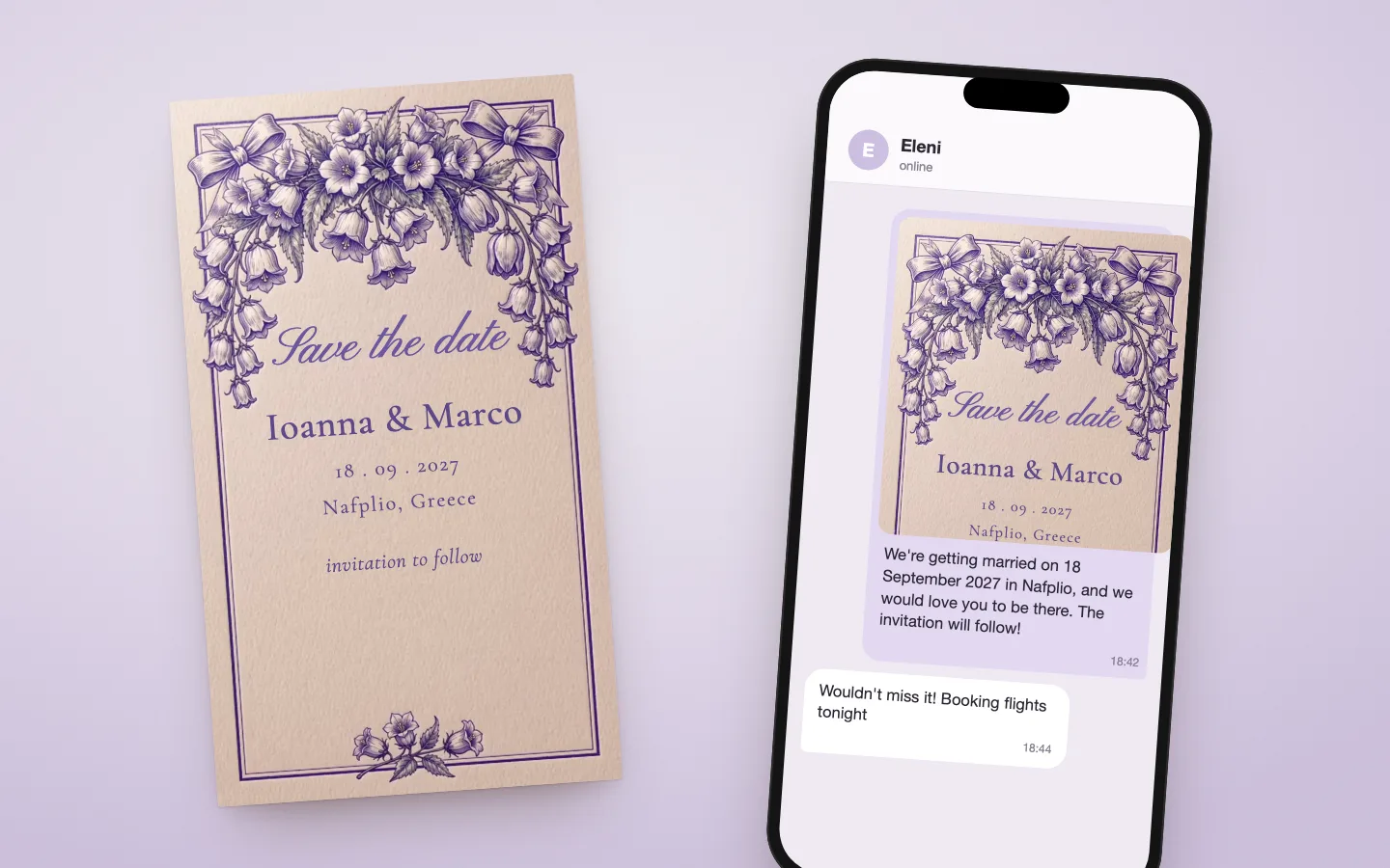 A save the date for Ioanna and Marco in Nafplio, engraved with violet bellflowers, beside a phone where the same card arrives in a message