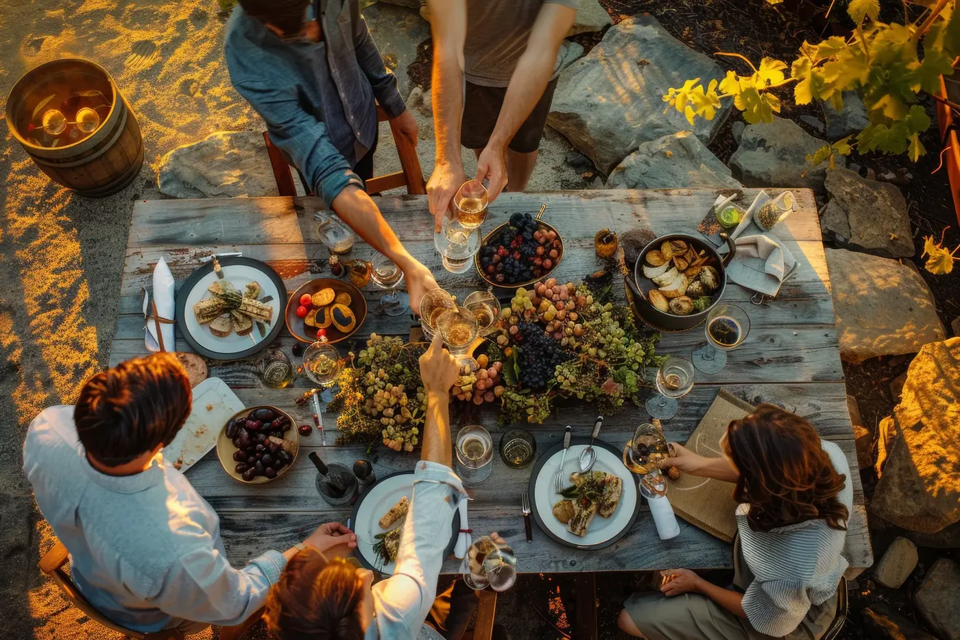 Friends passing plates and glasses over a long outdoor table of shared dishes, grapes and wine at sunset