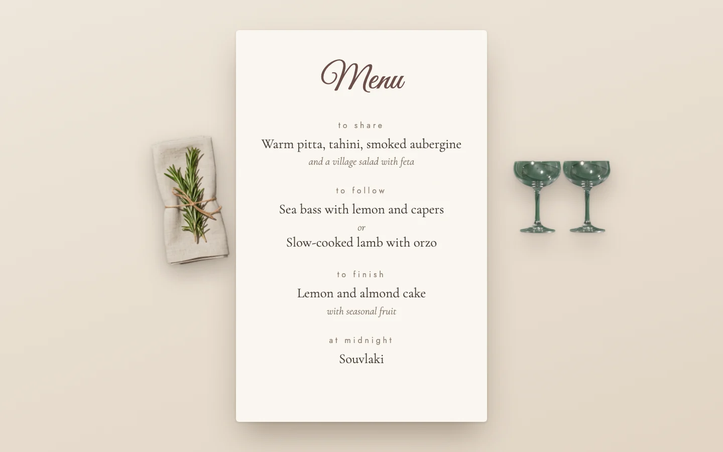 A printed wedding menu card: a mezze to share, sea bass or slow-cooked lamb, and a lemon and almond cake