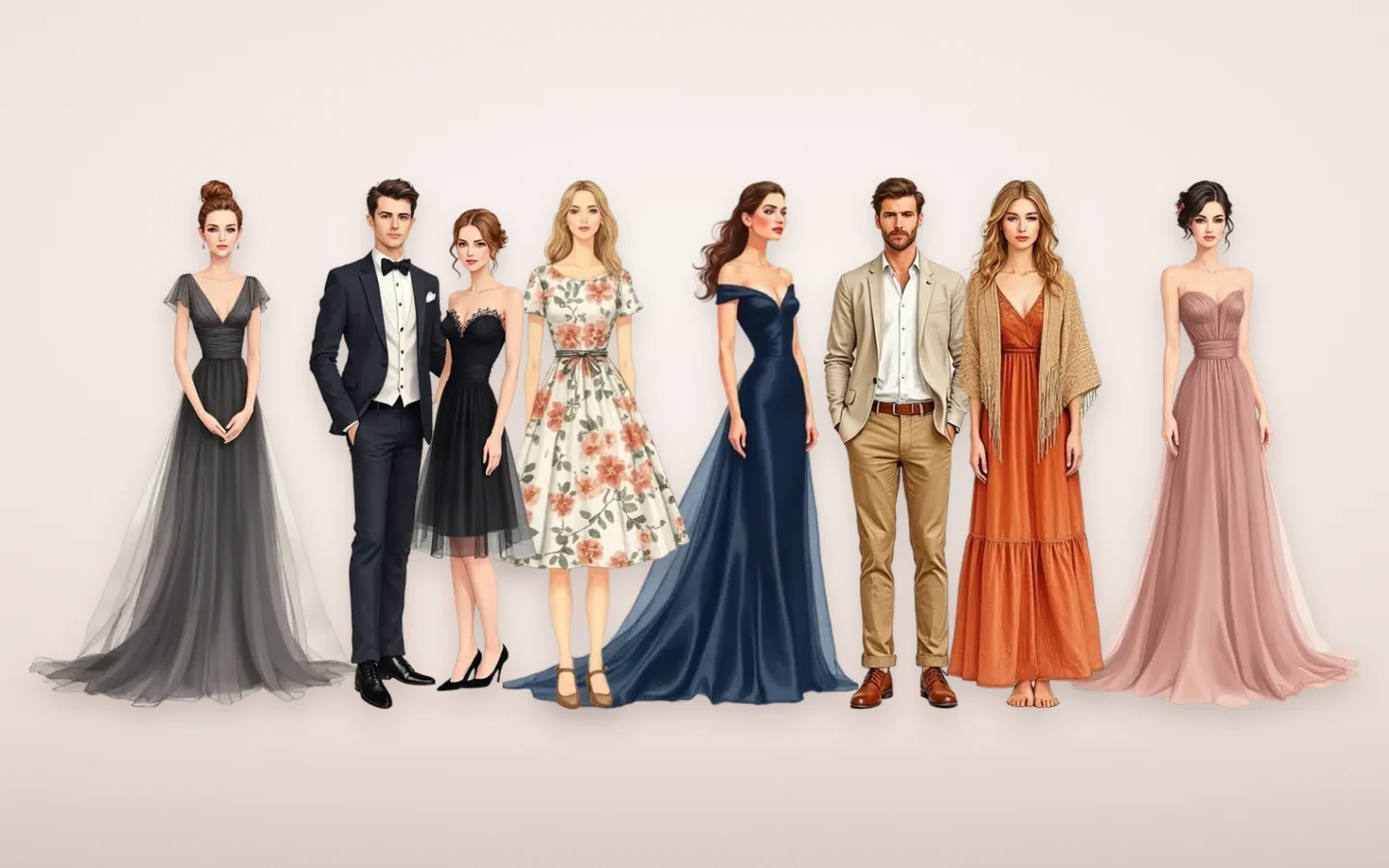 Wedding guests drawn in what each dress code asks for: evening gowns and dinner suits, cocktail dresses, garden florals and light linen