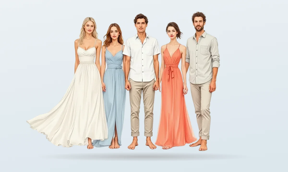 Wedding guests in beach formal dress: flowing white, blue and coral dresses and linen shirts and trousers