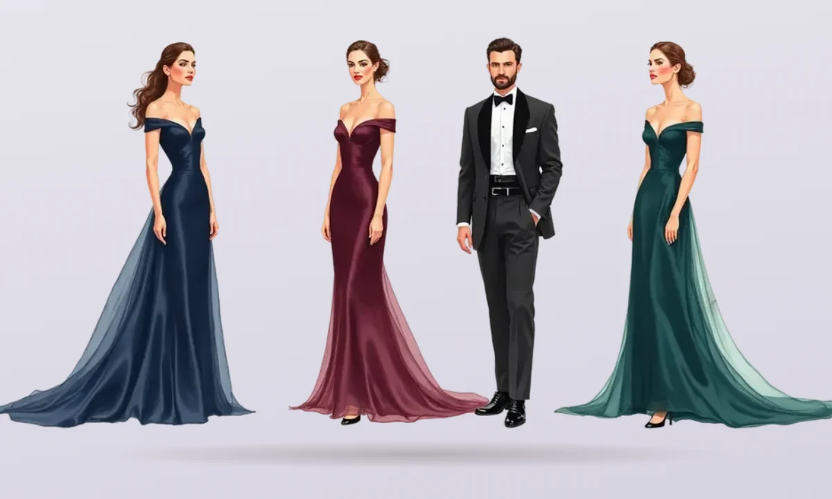 Wedding guests in black tie: long gowns in navy, burgundy and emerald, and a black dinner suit