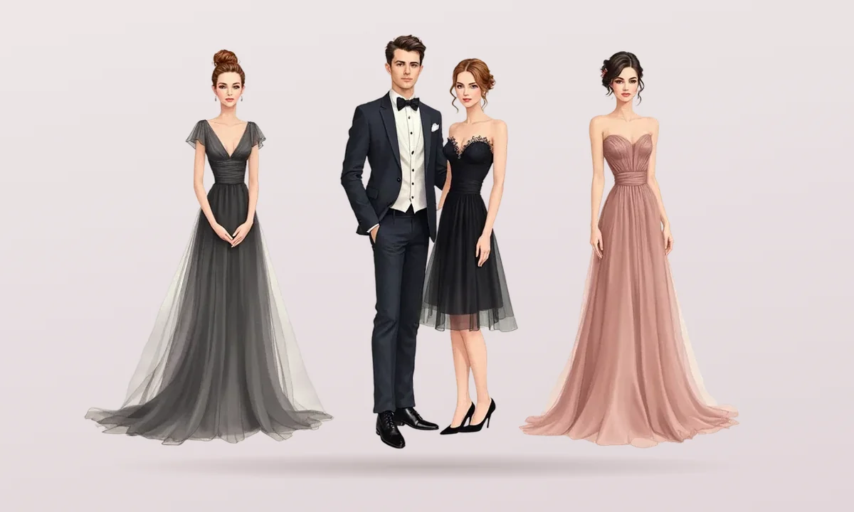 Wedding guests dressed formally: long grey and blush gowns and a dark suit