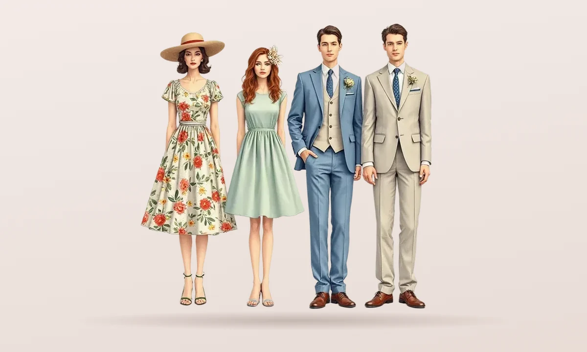 Wedding guests dressed for a garden party: floral and mint dresses, a straw hat and light blue and beige suits