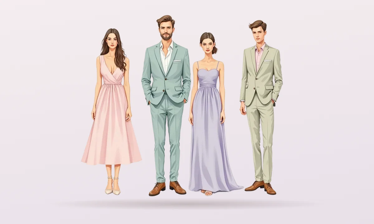 Wedding guests in a pastel palette: blush, sage, lilac and pistachio