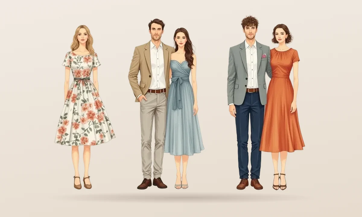 Wedding guests in semi formal dress: floral and blue dresses, a camel jacket and a grey suit