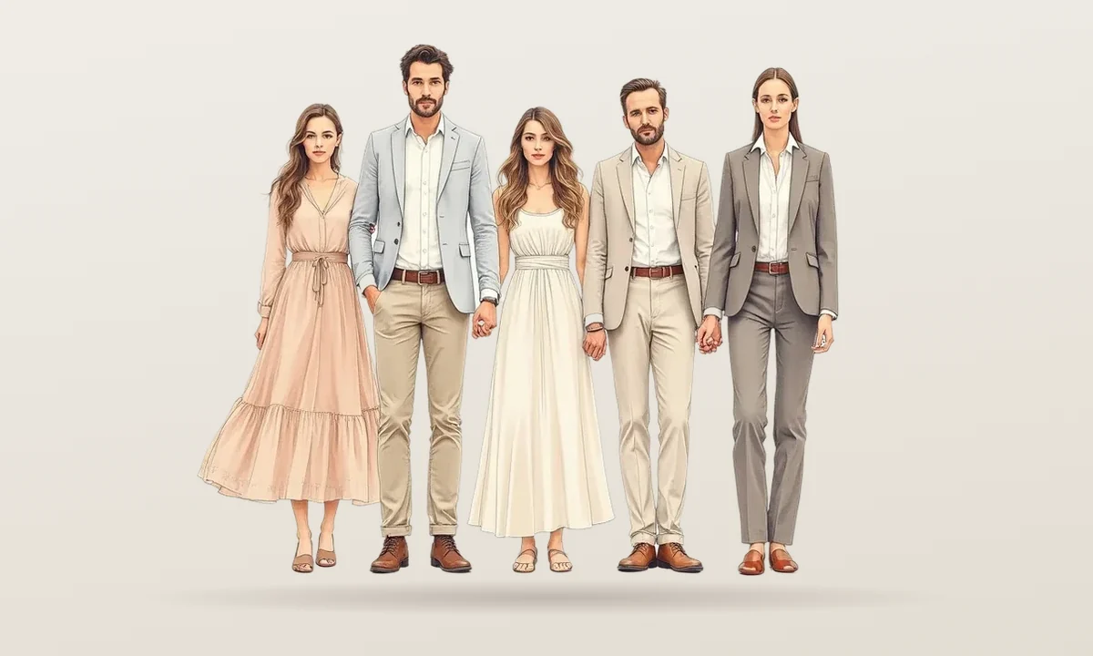 Wedding guests in smart casual dress: light dresses and pale suits worn without ties