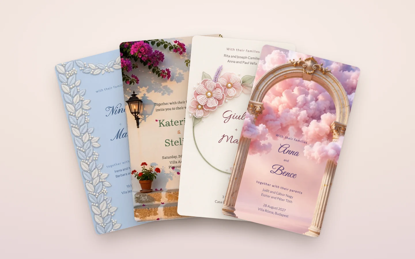 Four wedding invitations fanned out: sugar roses under a pink sky, pearl-beaded flowers, bougainvillea over a Cypriot terrace, and blue embroidery