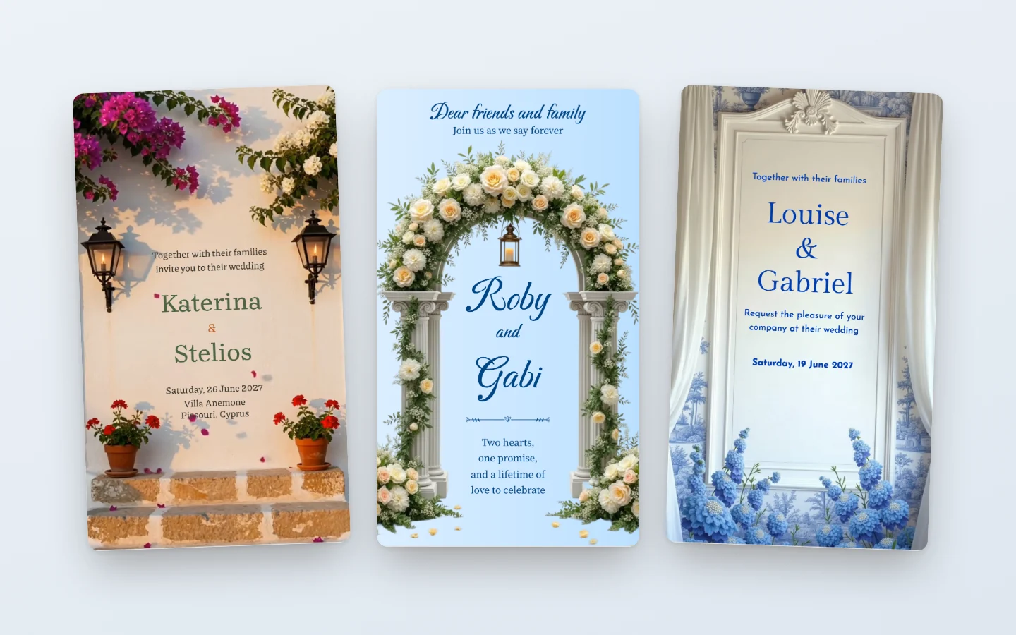 Three Mediterranean wedding invitations: bougainvillea and lanterns on a terrace, an arch of white flowers, and blue and white tiles