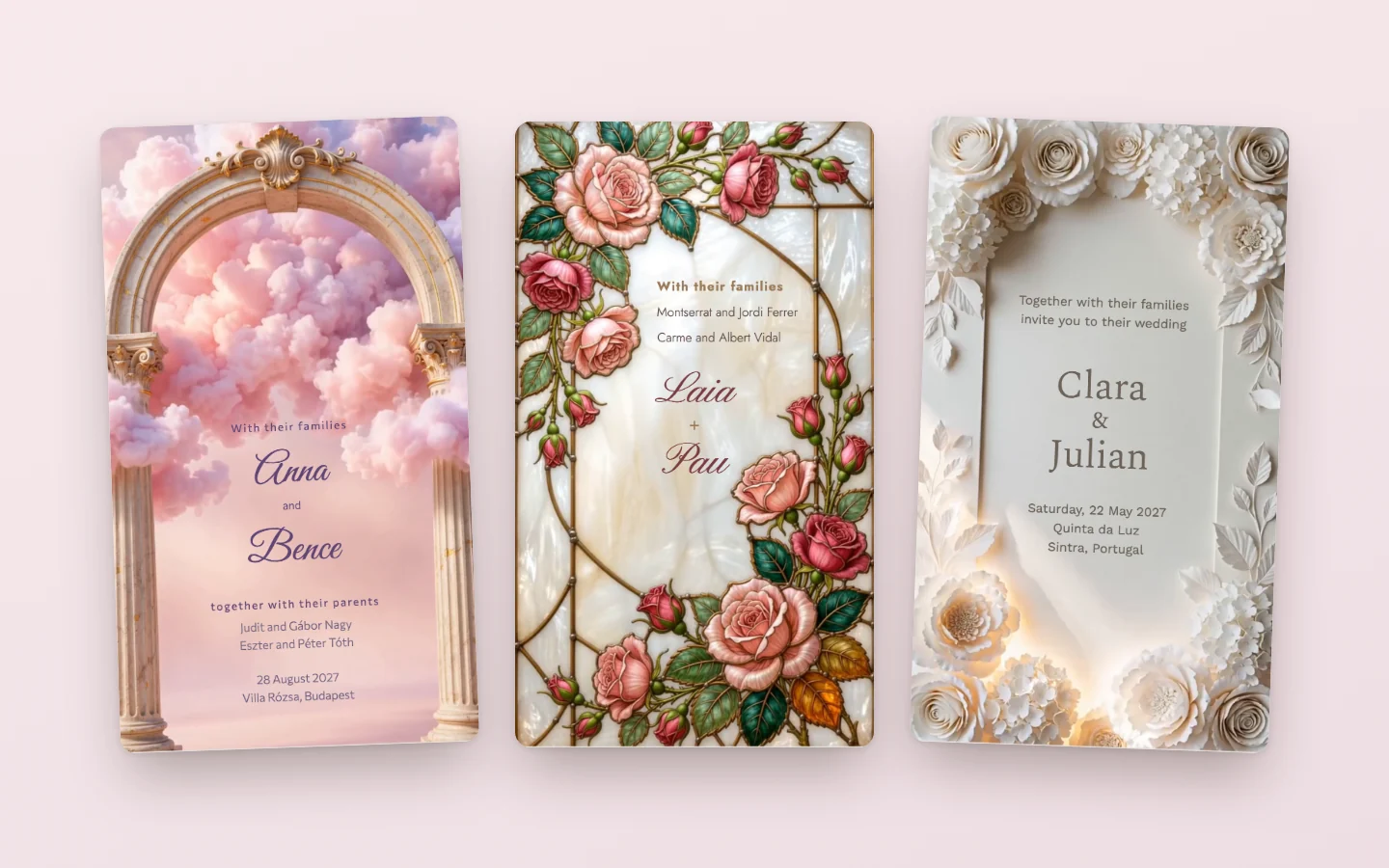 Three sculpted wedding invitations: sugar roses under a pink sky, roses in a stained glass window, and white paper flowers