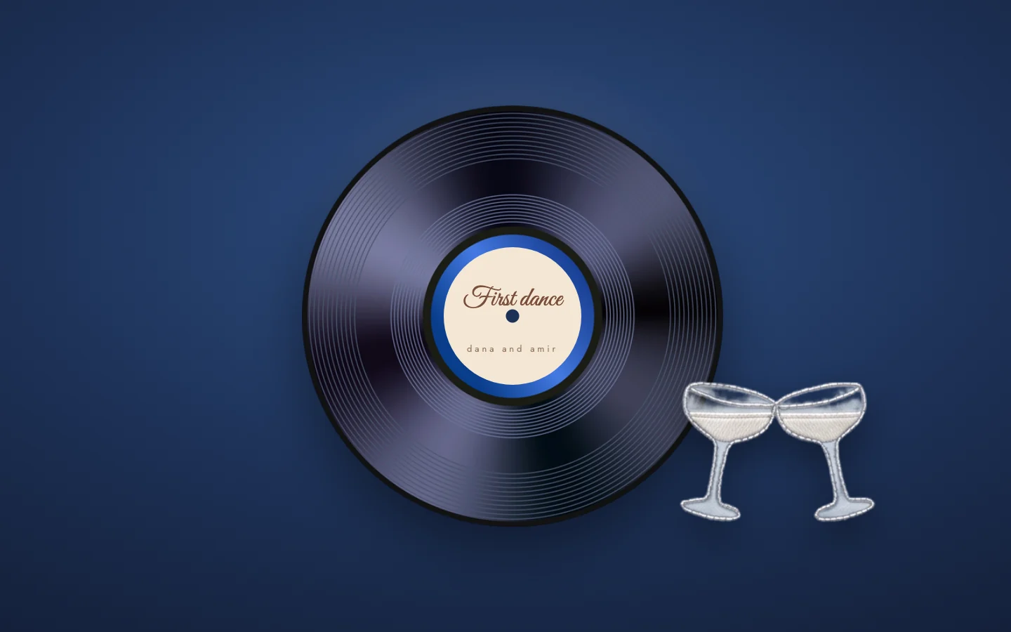A vinyl record and two champagne coupes on a deep blue ground