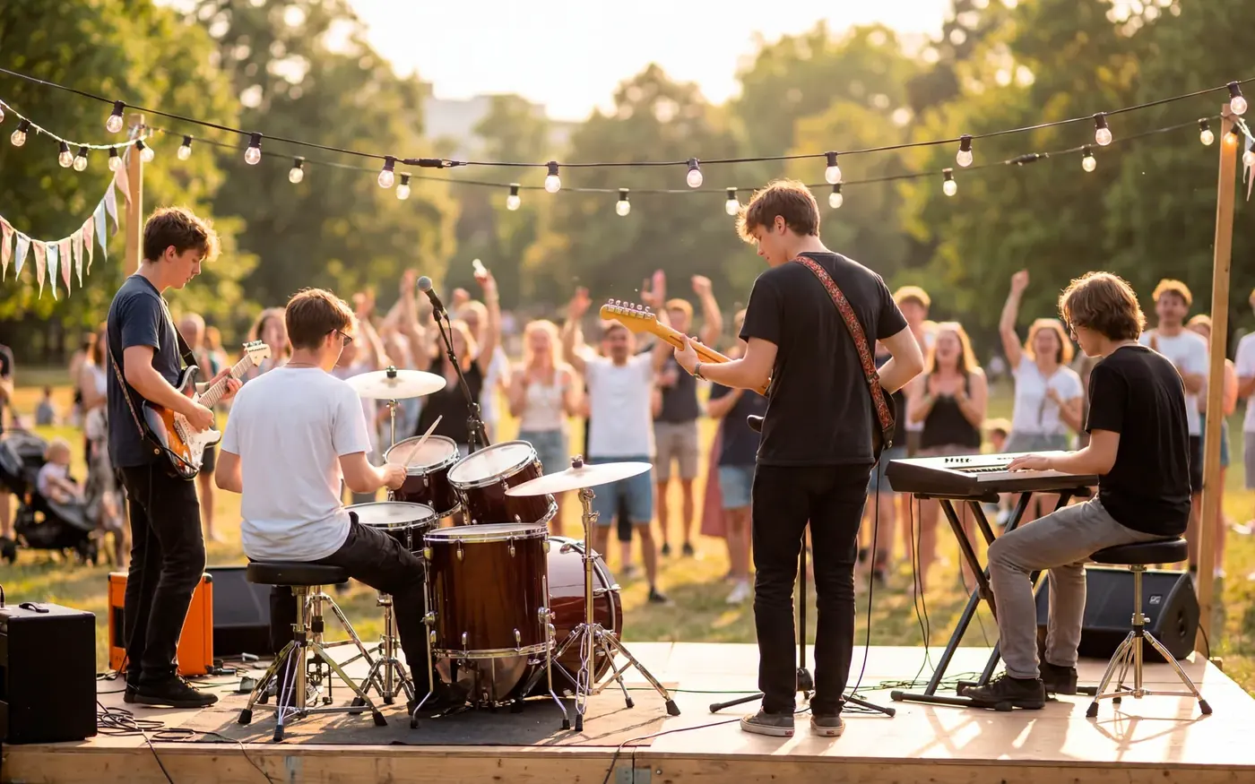 A band playing on a small outdoor stage under string lights at golden hour, guests dancing in front