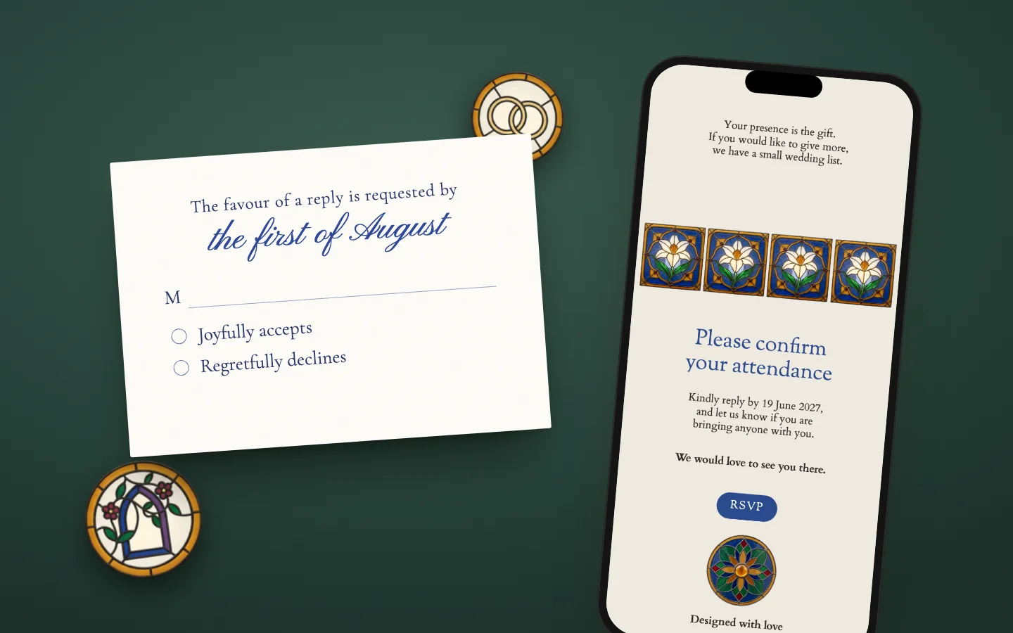 A reply card reading joyfully accepts and regretfully declines, by the first of August, on deep green beside stained glass roundels and a phone open on an invitation's reply page
