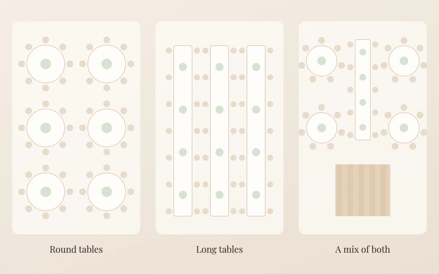 Three wedding layouts drawn from above: round tables, long banquet tables, and a mix of both around a dance floor