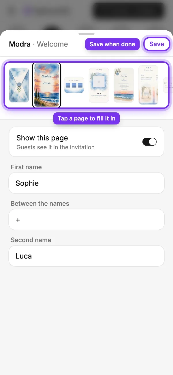 The form on its Welcome page with Sophie and Luca typed in, the row of pages and Save ringed