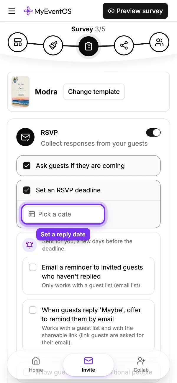 The Survey step on a phone, the reply date field ringed: Set a reply date