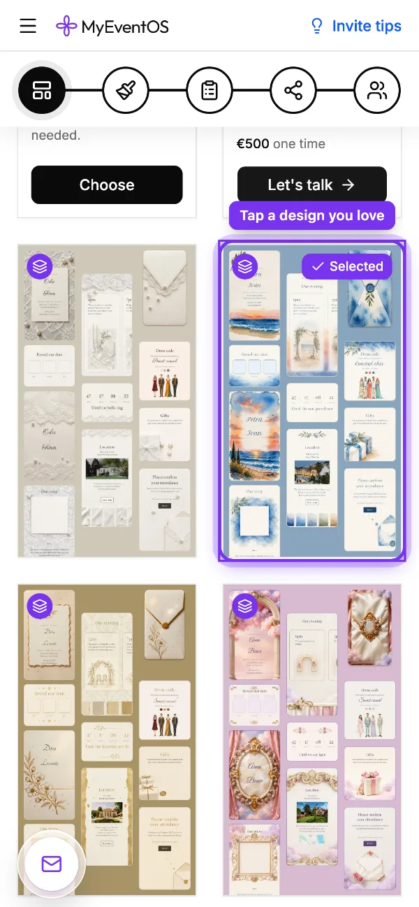 The Templates page on a phone, a design ringed in violet: Tap a design you love