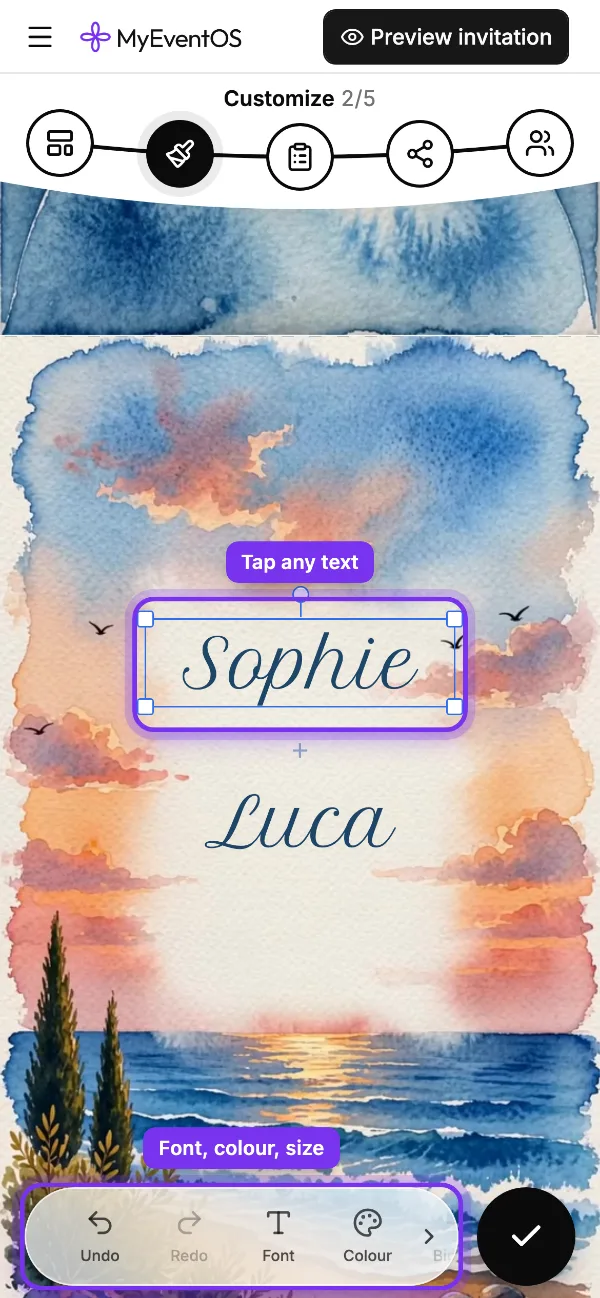 Sophie's name tapped on the invitation, ringed, and the row of tools at the foot ringed: Font, colour, size