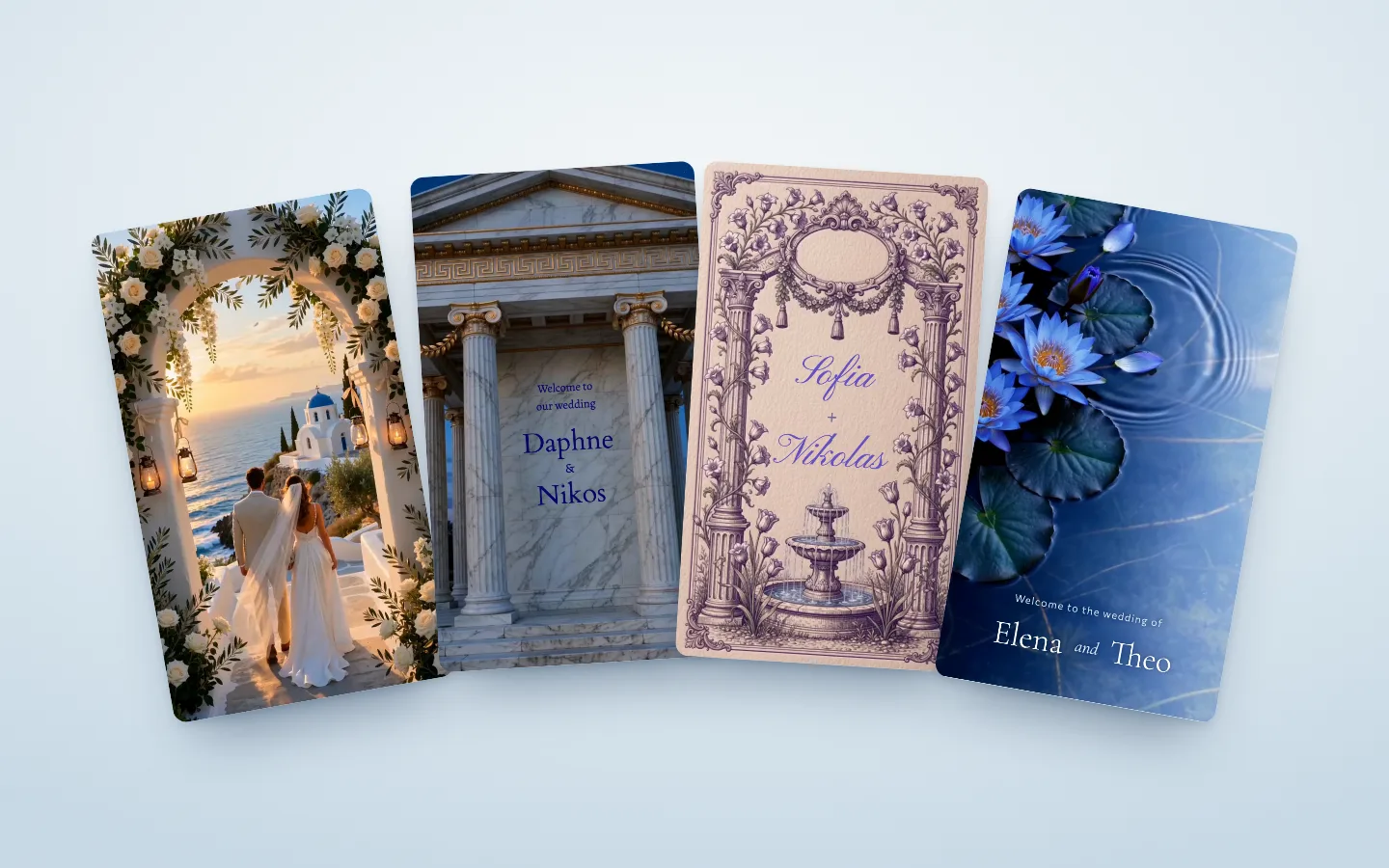 Four invitations drawn for weddings in Greece: a couple under a flowered arch above a blue-domed chapel, a marble temple, an engraved fountain for Nafplio, and blue water lilies