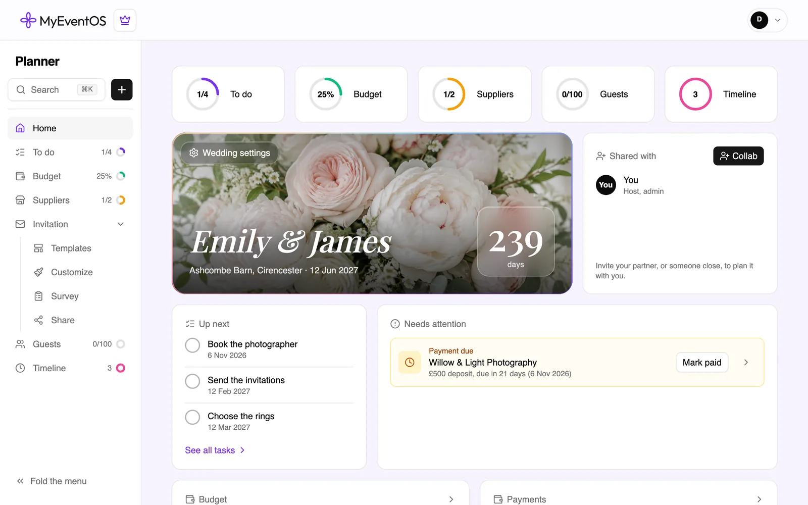 The planner's Home on a computer: the to do list, the budget, the suppliers, the guests and the timeline, with a wedding's cover and countdown